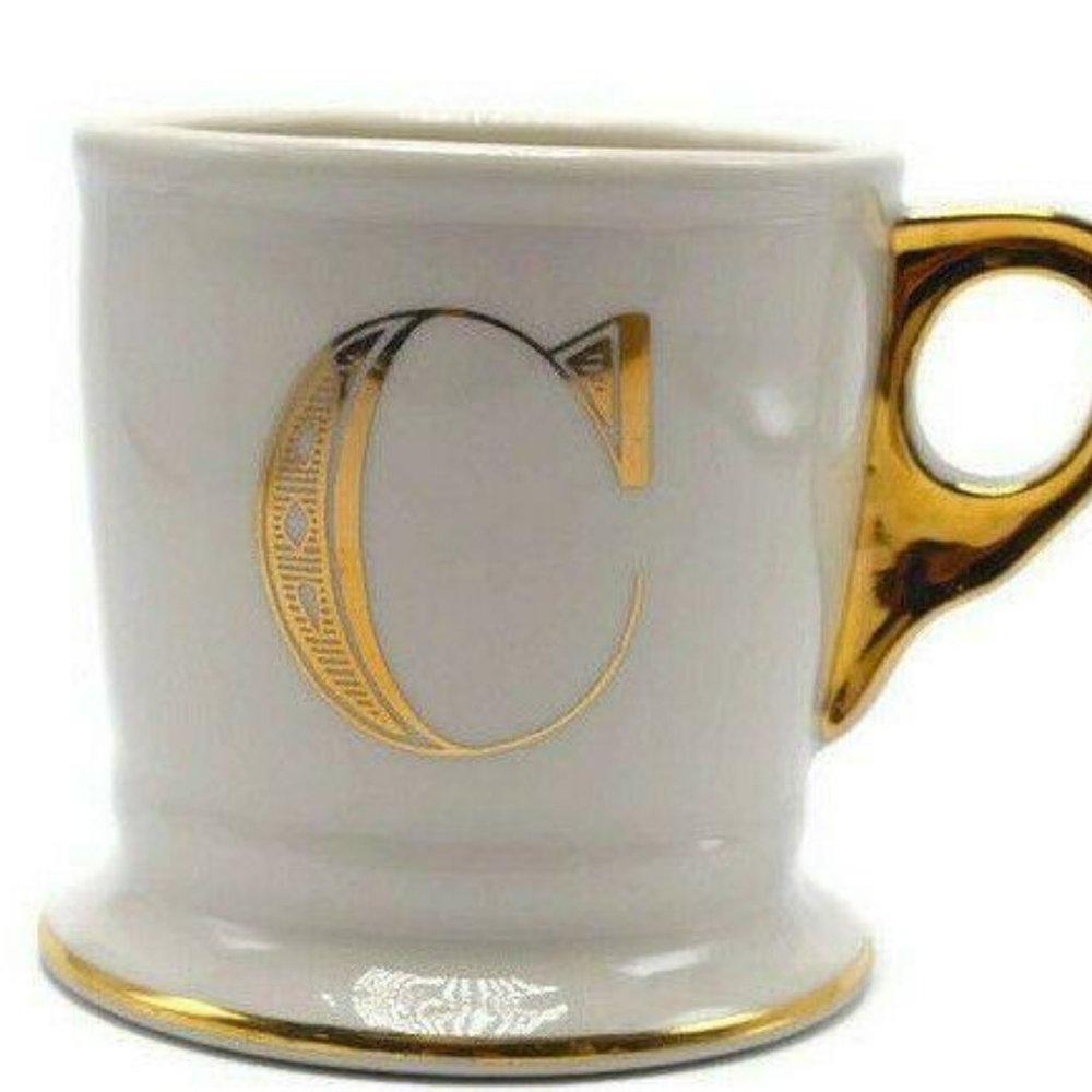 Anthropologie Monogram Mug Gold Letter C White Ceramic Gold Trim Coffee Tea Cup